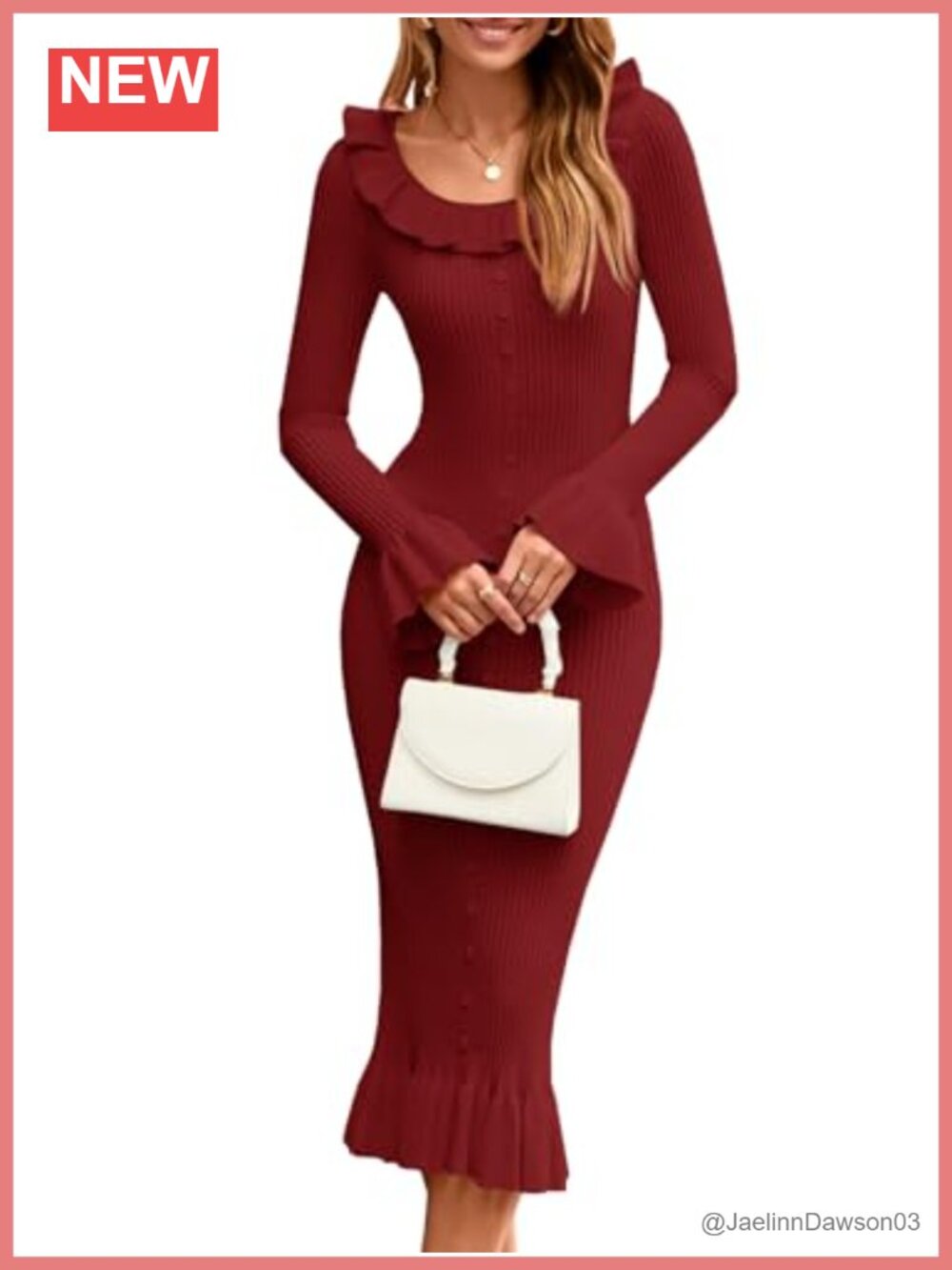 Ribbed Knit Bodycon Sweater Dress Ruffle Long Sleeve Midi